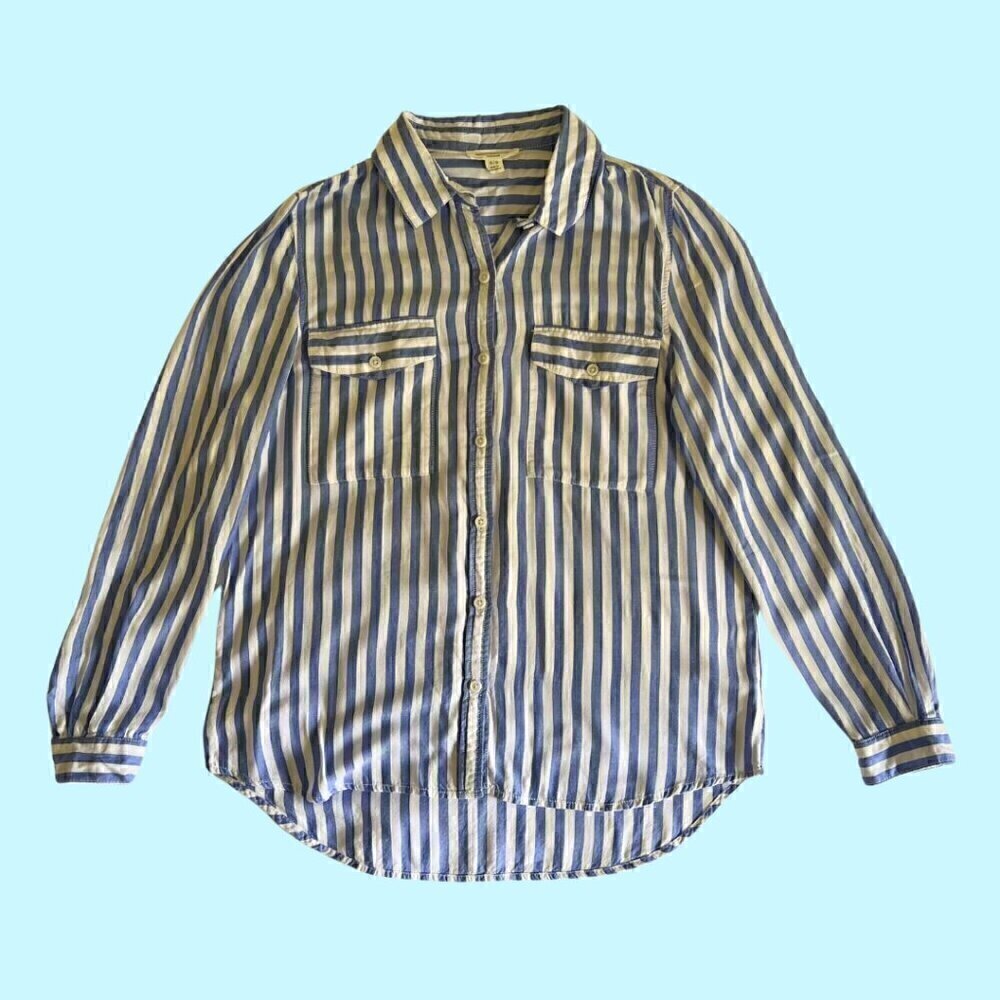 beachlunchlounge Blue & White Striped Cover Up /Button Up Long Sleeve Shirt